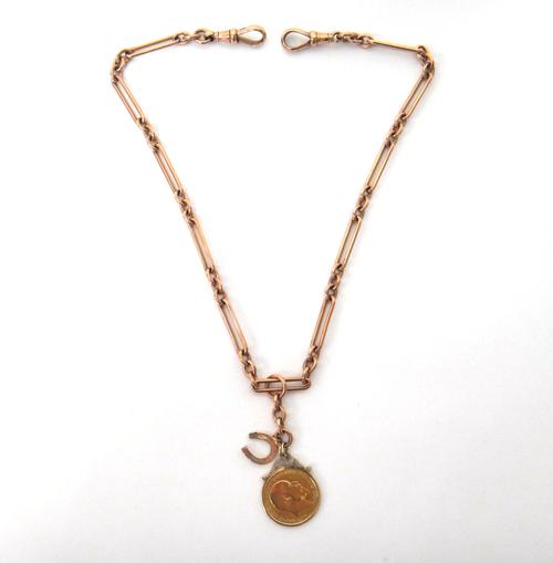A 9ct gold bar and oval link gentleman's watch Albert chain, fitted with two 9ct gold swivels, an Edward VII half sovereign 1908 and with a horseshoe