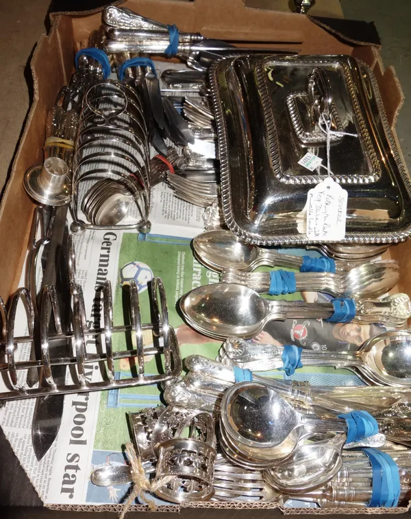 Silver plated wares, including; a pair of candelabra, toast racks, flatware, tureen and sundry, (qty).    S1B