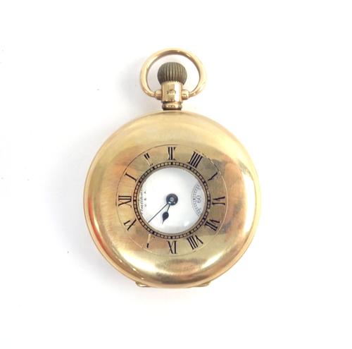A Waltham U.S.A 9ct gold cased, keyless wind, half hunting cased gentleman's pocket watch, the lever movement detailed to the back plate A.W.W.Co Walt