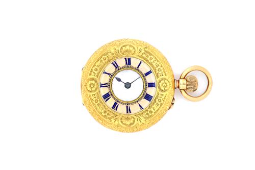 A lady's gold cased, keyless wind, half hunting cased fob watch, with an unsigned jewelled movement, the inner and outer cases detailed 18 K, the enam