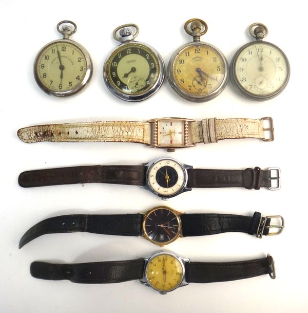 An Omega gilt metal fronted and steel backed circular cased gentleman's wristwatch, on a leather strap, with an Omega buckle, with an Omega case, A Ci