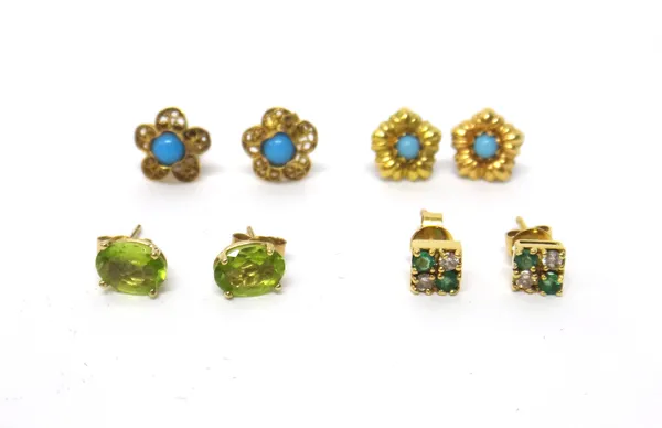 A pair of 18ct gold, diamond and emerald four stone square cluster earstuds, the backs with post and butterfly clip fittings, a pair of gold and perid