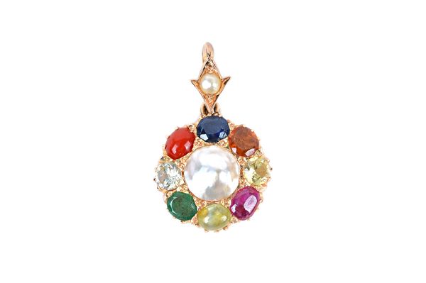 A gold, mabe pearl, ruby bead, coral, emerald and varicoloured gem set pendant, designed as a circular cluster, suspended from a cultured pearl set to
