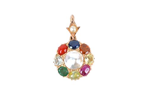 A gold, mabe pearl, ruby bead, coral, emerald and varicoloured gem set pendant, designed as a circular cluster, suspended from a cultured pearl set to