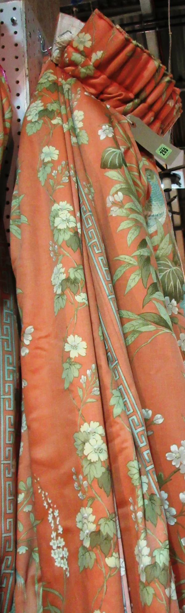 Curtains, comprising; a pair of lined and interlined peach ground with fauna and flora decoration, each 110cm wide x 240cm fall.  D6