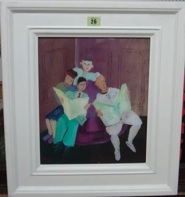 Mike Becket (b.1946), Hotel Lounge, oil reverse painted on perspex, signed with initials and dated 2010, 32cm x 27cm.   M1