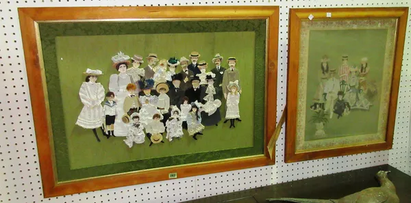 Mixed media; Victorian family portrait, fabric and paint, framed 91cm wide x 68cm high and another similar, smaller, (2). A4