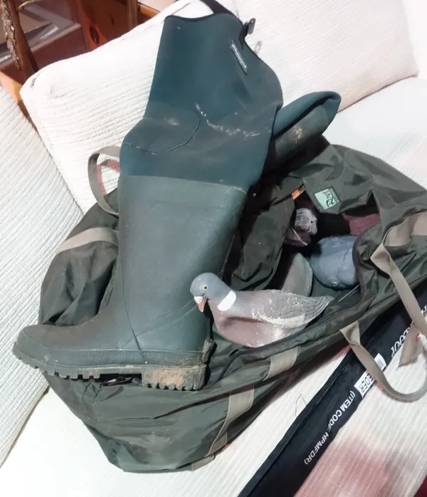 Sporting wares, including; size 9 rubber and neoprene green waders, fishing rods, decoy pigeons and sundry, (qty).  BAY1