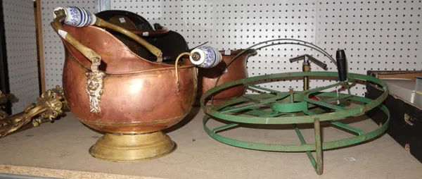 Collectables, including; three early 20th century brass coal buckets, a wrought ion standard lamp, a pair of brass two branch wall lights and sundry,