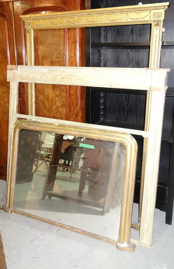 A Victorian framed arch top overmantel mirror, 116cm wide x 85cm high, together with two further mirror frames, (3).  E9