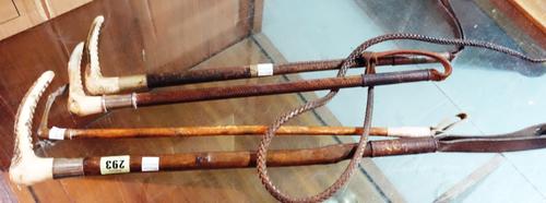 A group of four early 20th century riding crops, two with silver mounts, one stamped Marsh Manchester and another mounted with a brass hoof, (4).   CA