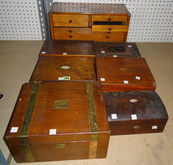 Six 19th century walnut, mahogany and rosewood jewellery boxes together with a mid-20th century oak tool box. (7)    S4B