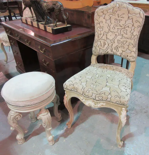 A pair of early 20th century French grey painted bedroom chairs and a footstool, (3).  C5