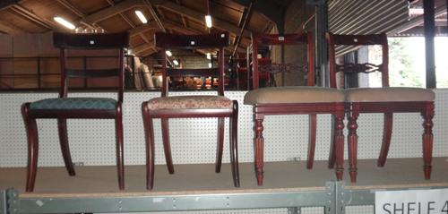 A pair of Regency mahogany bar back dining chairs, on fluted tapering supports, and a similar pair of chairs on sabre supports, (4).  S4T