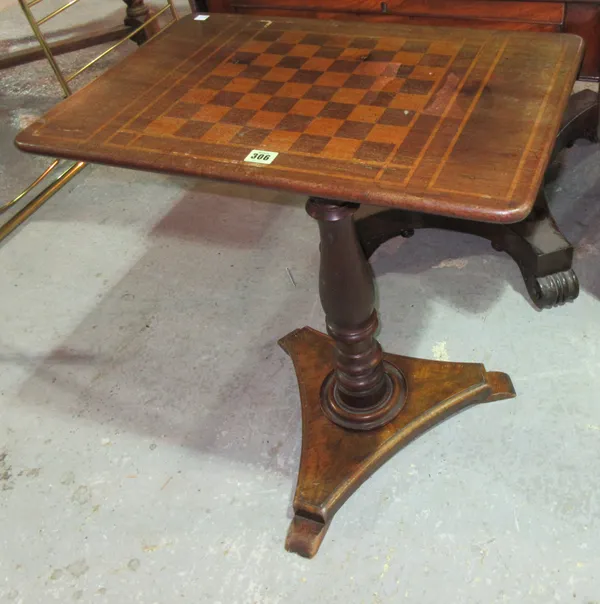 A Regency mahogany games table on trefoil base, 61cm wide x 67cm high, and a mahogany parquetry inlaid centre table, on bobbin turned supports, 86cm w