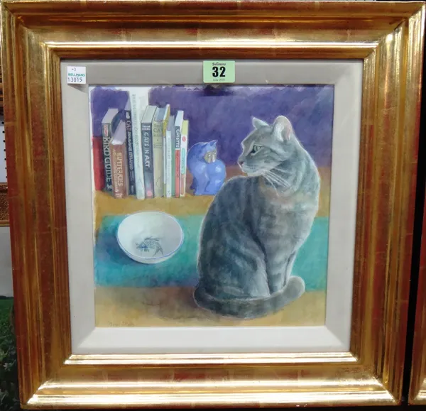 Janet Skea (b.1947), Still life with cat, watercolour, signed, 24cm x 24cm.   K1