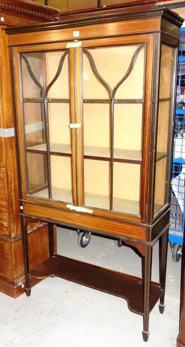 An Edwardian mahogany and box strung display cabinet, on tapering square supports, 90cm wide x 178cm high.  M7