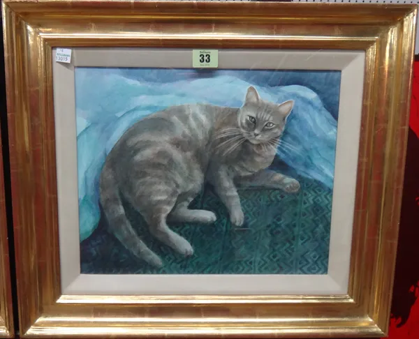 Janet Skea (b.1947), Rozanne on blue (cat), watercolour, signed, 26cm x 32.5cm.   M1
