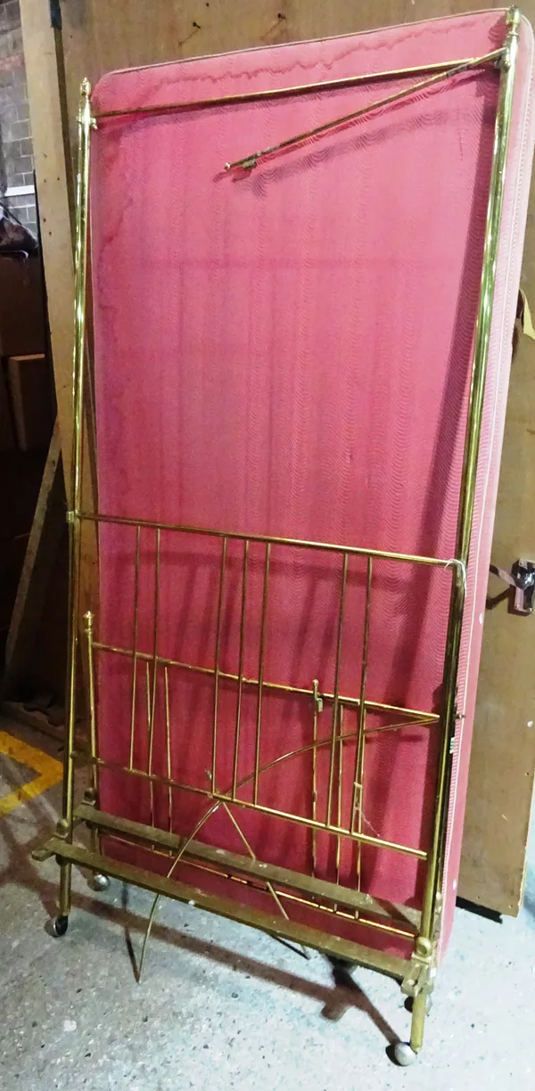 An early 20th century brass single bed with fitted base (a.f), 90cm wide x 184cm high.  BAY4