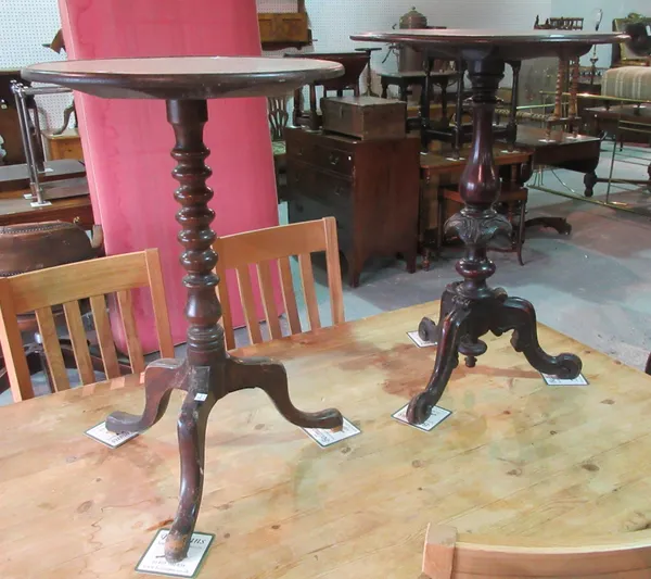 A Victorian mahogany tripod table, 50cm wide x 78cm high, and another Victorian mahogany tripod table on a bobbin turned column, 45cm wide x 69cm high