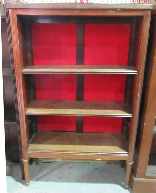 A 19th century French walnut open bookcase, with white marble top and brass gallery, 65cm wide x 101cm high.  A9