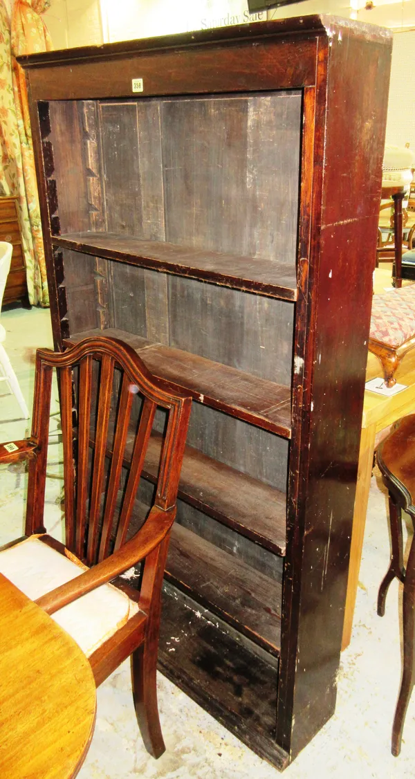 A 20th century oak floor standing open bookcase, 86cm wide x 152cm high, a serpentine mahogany oval occasional table, 75cm wide x 67cm high, and an oc