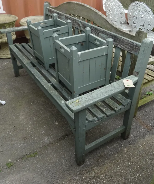 A 20th century grey painted teak garden bench, and a pair of 20th century grey painted hardwood square planters, (3).  OUT
