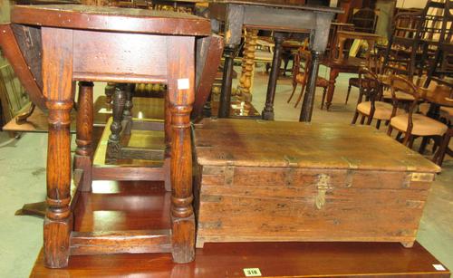 An 18th century style oak drop flap table, 48cm wide x 46cm high, and an early 20th century oak brass bound lift top box, 50cm wide x 20cm high, (2).