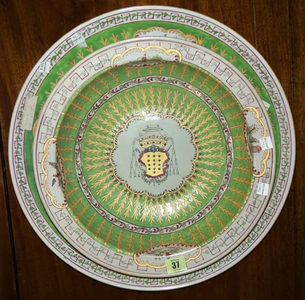 A modern French green-ground Chinese style armorial basin and dish, dish 46cm.diameter. G5