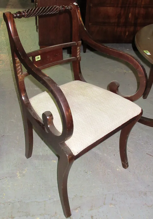 A set of six 20th century mahogany bar back dining chairs in the Regency style , (6). H6