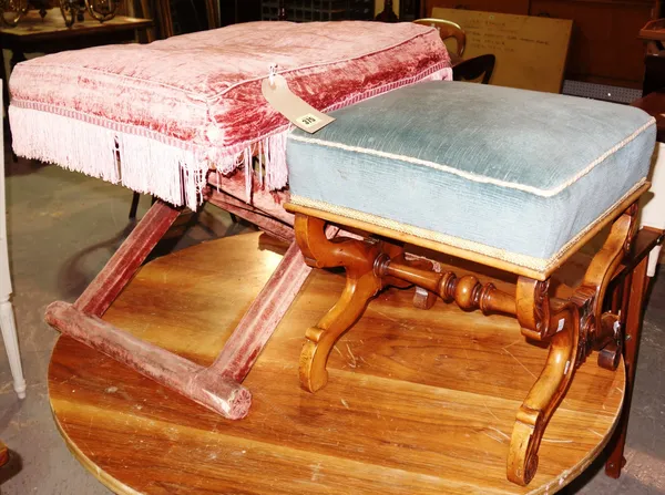A 20th century pink velvet upholstered 'X' frame stool, 65cm wide, and a Victorian satin walnut 'X' frame stool, (2).  J7