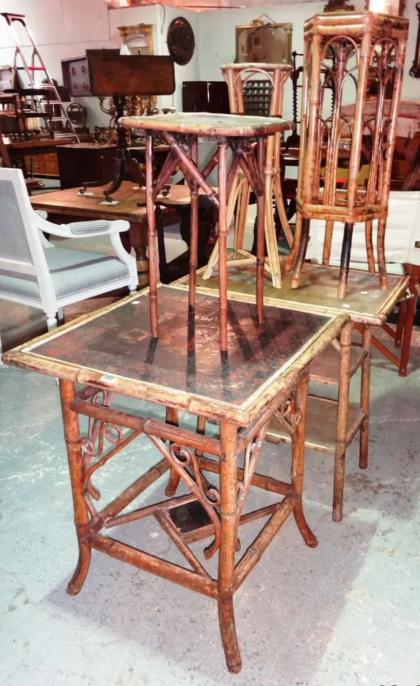A group of early 20th century bamboo furniture, comprising; a chinoiserie decorated square occasional table, 60cm wide x 74cm high, three smaller occa