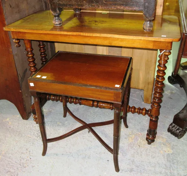 A Victorian marquetry inlaid centre table, on dual end supports united by bobbin turned stretcher, 89cm wide x 69cm high, and a Regency style side tab
