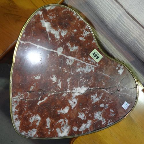 An early 20th century French walnut gilt metal mounted three tier jardiniere stand, with heart shaped marble top, 37cm wide.  BAY1