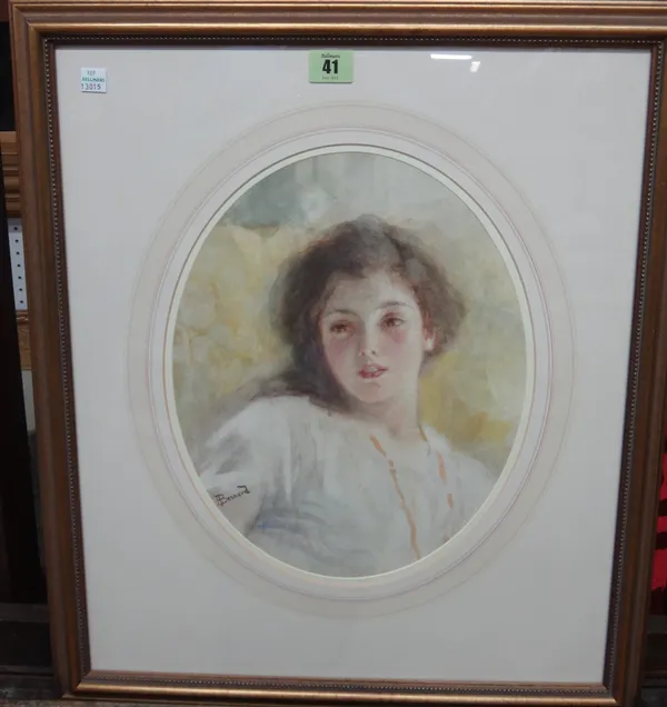 Albert Besnard (1849-1934), Head study of a girl, watercolour, oval, signed, 33cm x 26cm.    J1