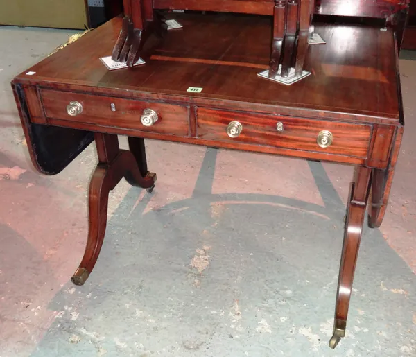 A George III mahogany and rosewood banded sofa table, on dual end supports, 90cm wide x 73cm high.  J8