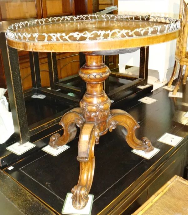 A Victorian rosewood circular occasional table, crossbanded top with pierced gilt metal gallery on reduced tripod base, 56cm diameter.  K8