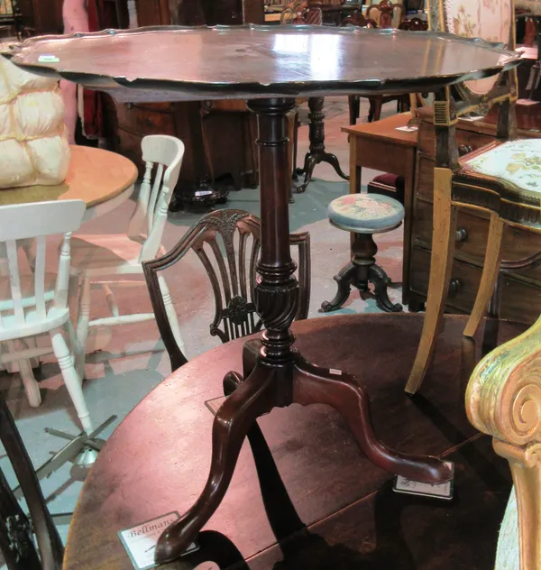 A mid-18th century style mahogany pie crust snap top occasional table, 66cm deep, together with a green and gilt painted chair, (2). D6