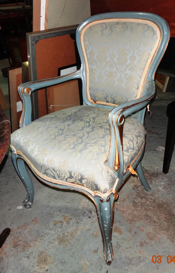 A blue and gilt painted Louis XV style open armchair, 57cm wide. H4