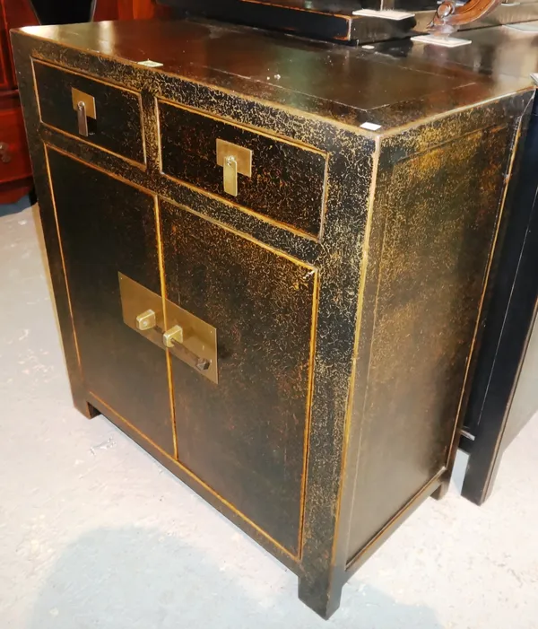 A 20th century ebonised side cabinet with two drawers over a cupboard base, with inset marble top, 80cm wide. K8