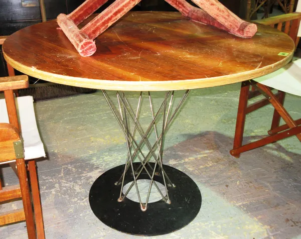 A 20th century hardwood circular dining table with lattice chrome base, 97cm wide x 72cm high.  J7