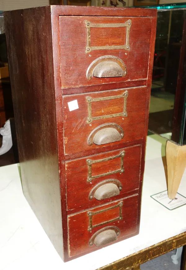 An early 20th century oak four drawer filing box, 21cm wide x 51cm high.  E5