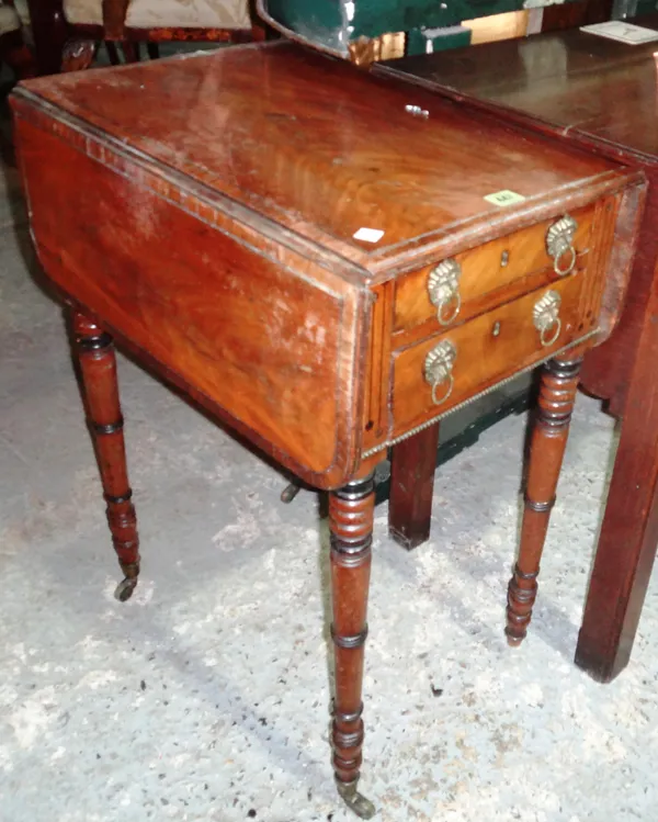 A William IV mahogany and brass strung drop-flap work table, on ring turned tapering supports, 55cm wide x 72cm high.  H5