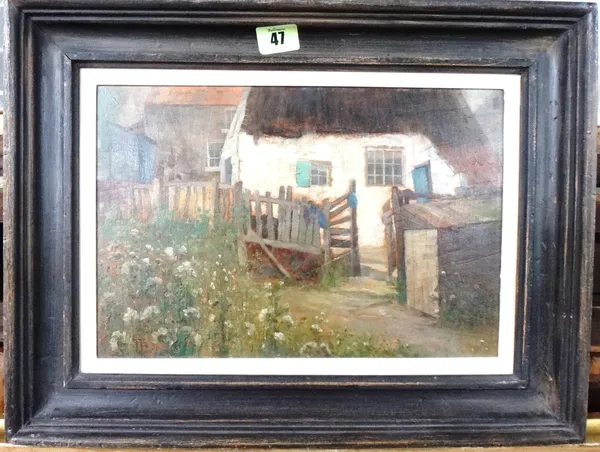 T** P** (early 20th century), The cottage gate, oil on board, signed with initials and dated 1915, 21cm x 32cm.   J1