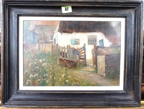 T** P** (early 20th century), The cottage gate, oil on board, signed with initials and dated 1915, 21cm x 32cm.   J1