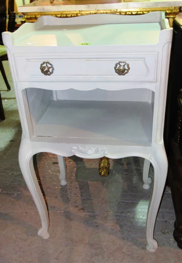 A pair of 20th century grey painted bedside tables, with galleried top on cabriole supports, 43cm wide x 78cm high and a 20th century grey painted tri