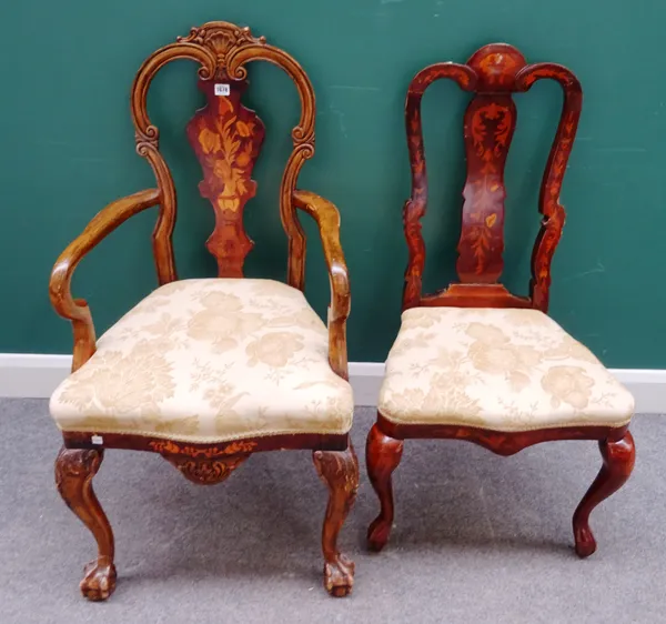 A set of nine floral marquetry inlaid walnut vase back dining chairs in the 18th century Dutch style, together with a similar carver chair, (10).  G5
