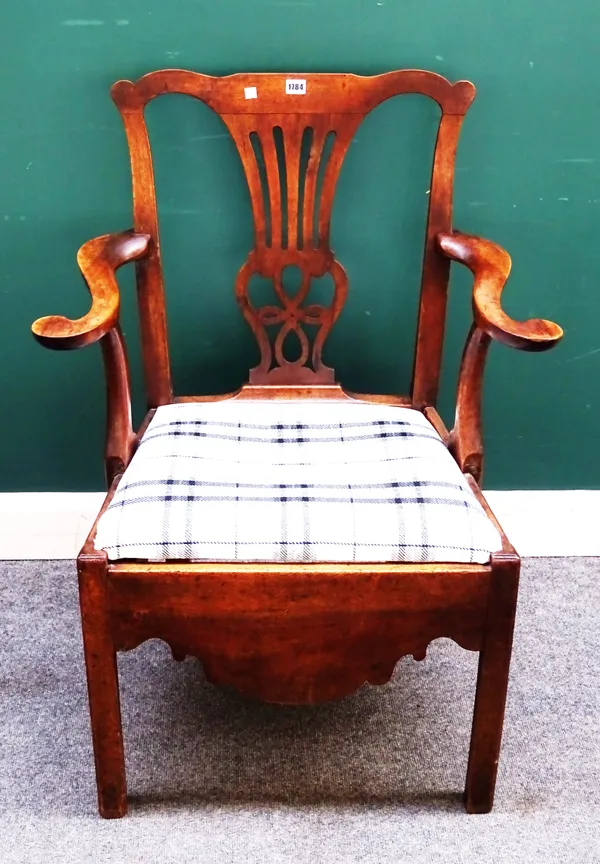A George III mahogany open armchair with pierced splat and shaped frieze on canted square supports, 74cm wide x 98cm high.  K4