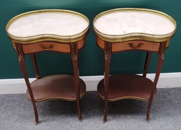 A pair of Louis XV style occasional tables, each with galleried kidney shape marble top, over a gilt metal mounted stained beech single drawer base, u