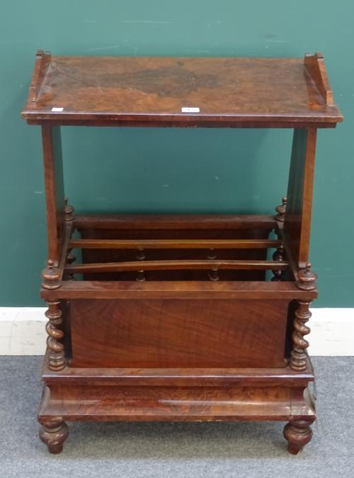 A Victorian figured walnut Canterbury whatnot, with single drawer base on barleytwist supports, 62cm wide x 91cm high x 41cm deep, D5